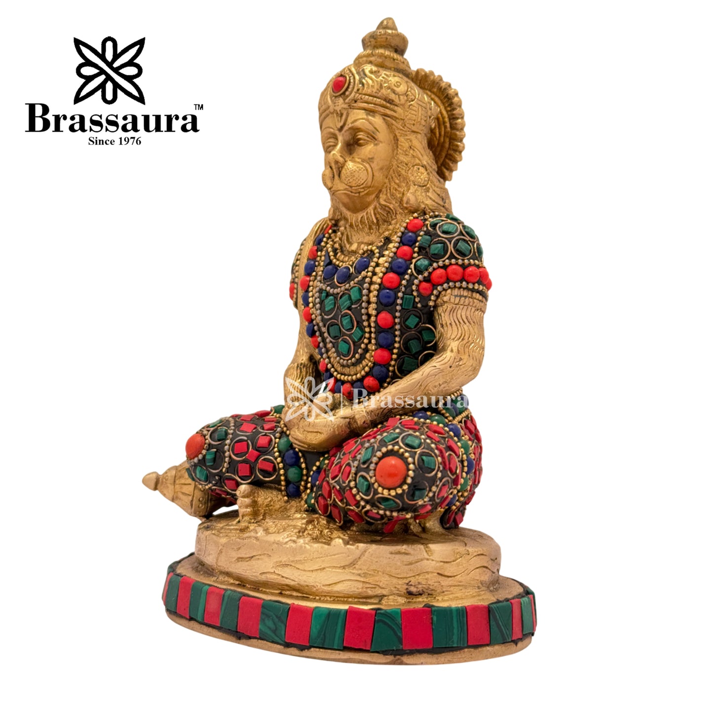 Brass Gem Stone Work Meditation Hanuman Idol for Home and Decor Weight 1.8 Kg Height 18 cm