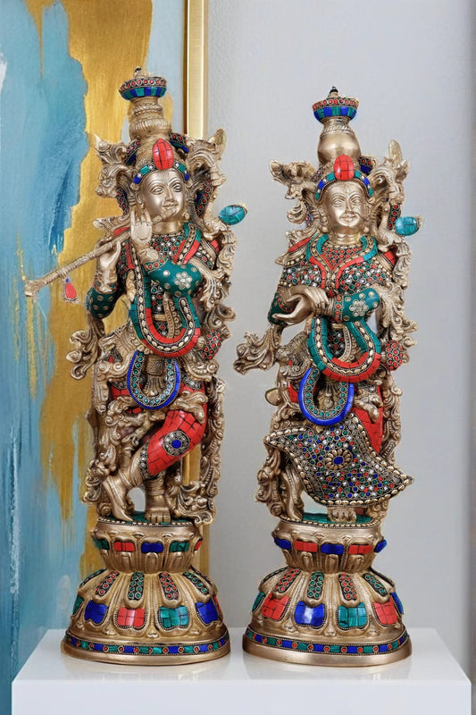 Brassaura™ Brass Radha Krishna Idol Pair with Double-Layered Meenakari – Height 25.5 Inches & Weight 25 Kgs | Elegant Devotional Statue