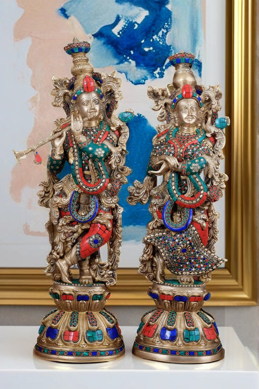 Brassaura™ Brass Radha Krishna Idol Pair with Double-Layered Meenakari – Height 25.5 Inches & Weight 25 Kgs | Elegant Devotional Statue