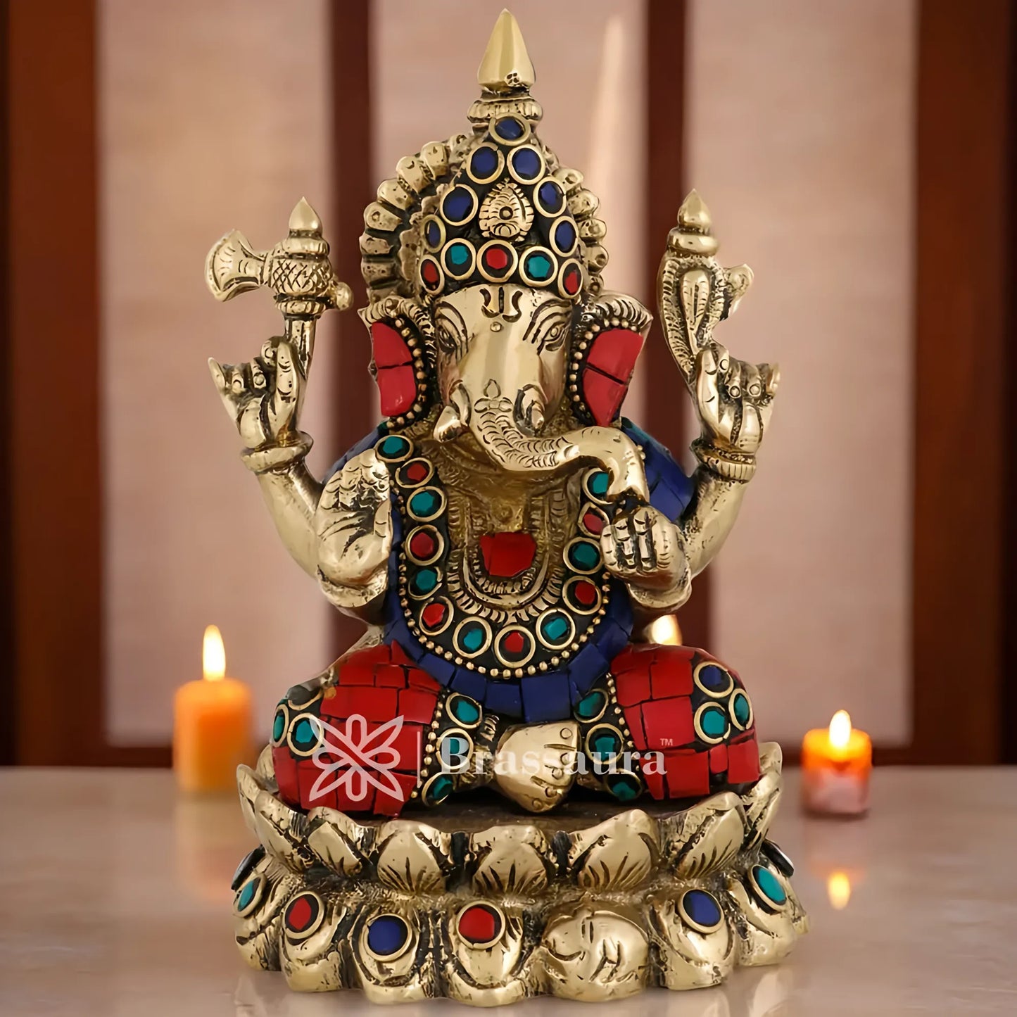 Brassaura™ Brass Gem Stone Work Ganesha Idol for Home Décor | Weight 1.5 Kgs | Height 5 Inches