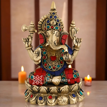 Brassaura™ Brass Gem Stone Work Ganesha Idol for Home Décor | Weight 1.5 Kgs | Height 5 Inches
