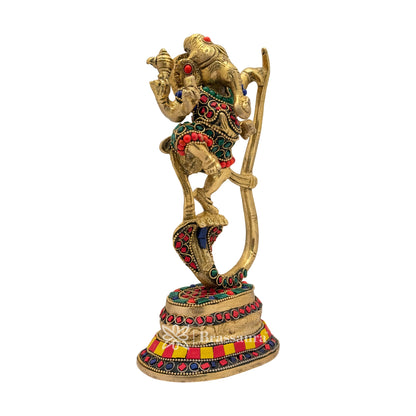 Brass Gem Stone Work Dancing Ganesha Idol for Home and Decor Weight 2 Kg Height 24 cm