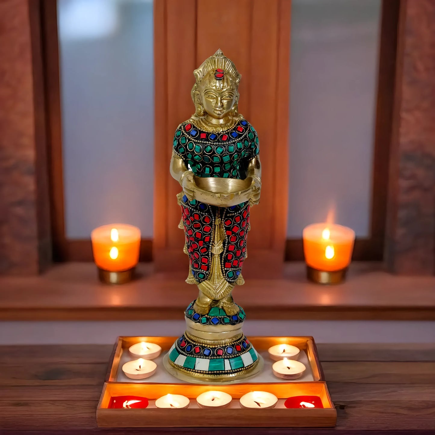 Brassaura™ Brass Gem Stone Work Laxmi Idol – Height 11.2 Inches & Weight 1.75 Kgs | Puja Room Hindu Murti