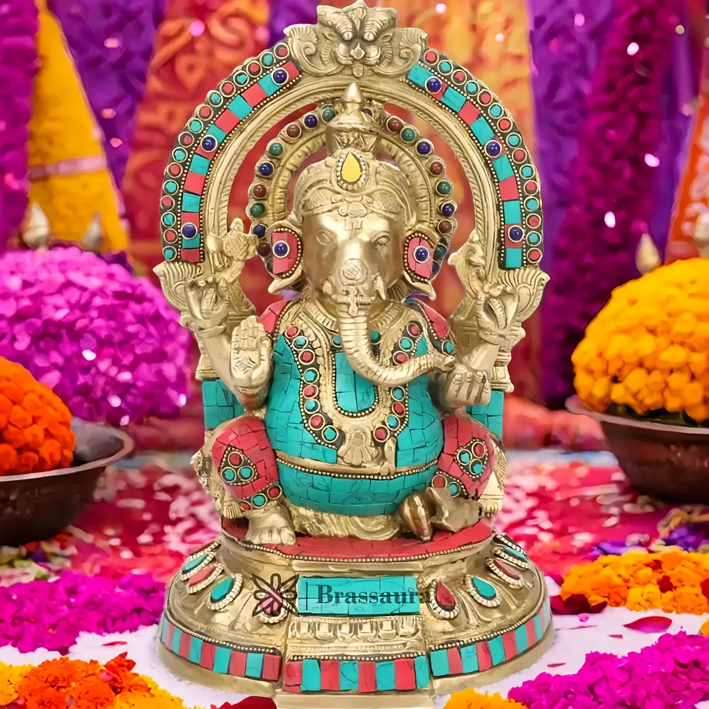 Brassaura™ Gemstone-Embellished Brass Ganesha Statue for Home & Temple Décor | Height 13 Inches & Weight 5.6 Kgs