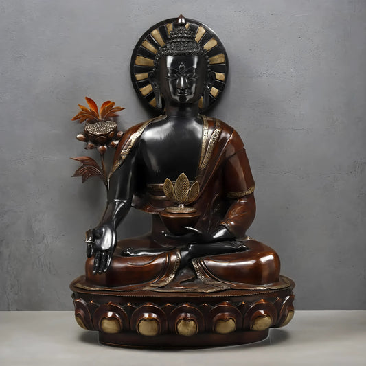 Brassaura™ Brass Buddha Statue in Medicine Posture – Height 34 Inches | Weight 44.6 Kgs | Deep Black & Copper Finish