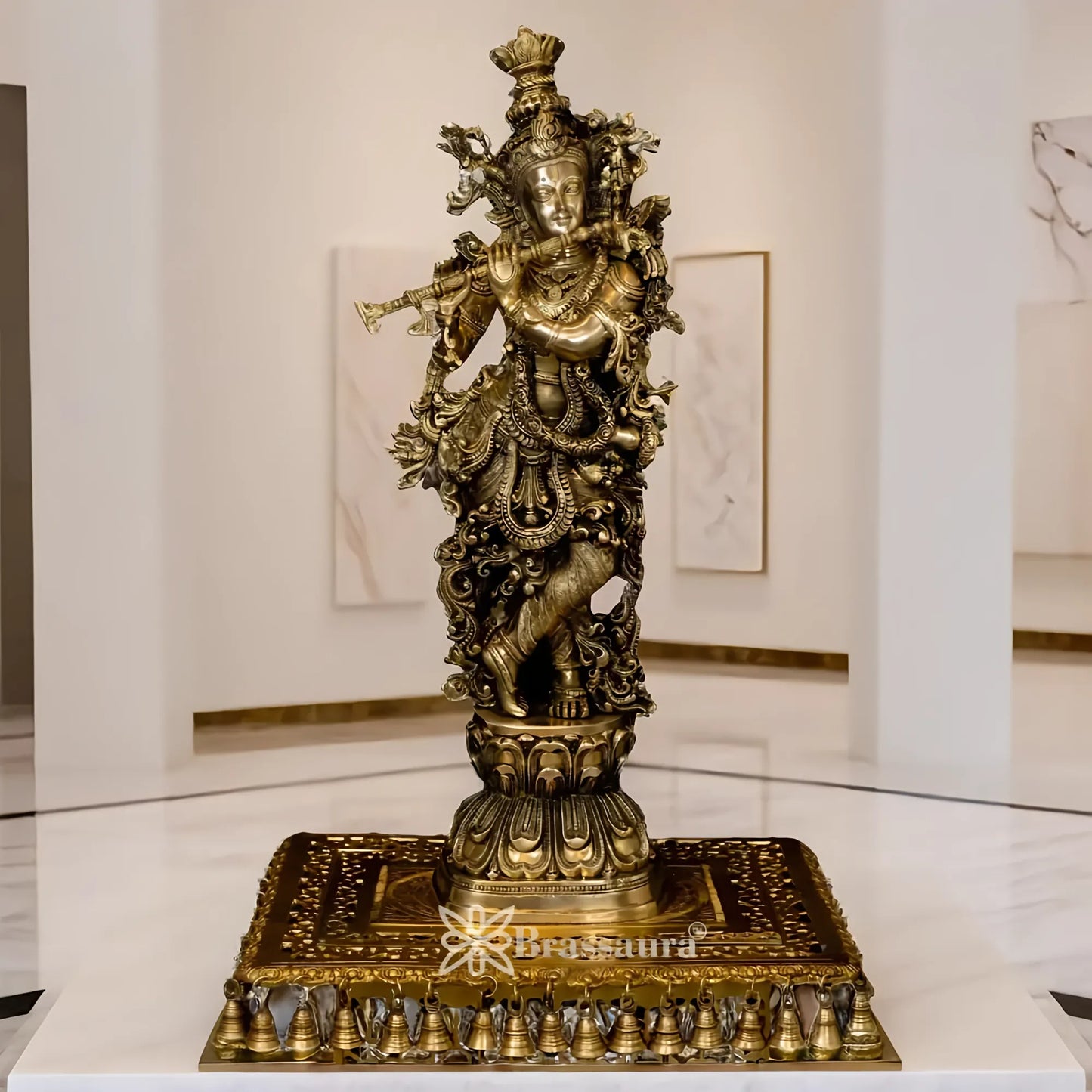 Brassaura® Lord Krishna Playing Flute Idol with Antique Finish | Pure Superfine Brass Handcrafted Murti | Brass Statue for Home Temple, Pooja Room | Height 29 Inches | Weight 15 Kgs