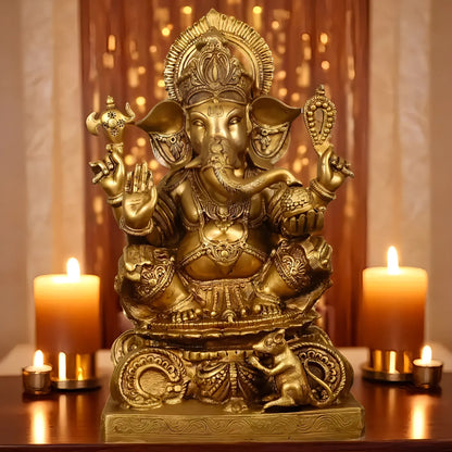 Brassaura™ Pure Brass Superfine Lord Ganesha Idol | Handcrafted Divine Showpiece | Weight 26 Kgs | Height 22 Inches