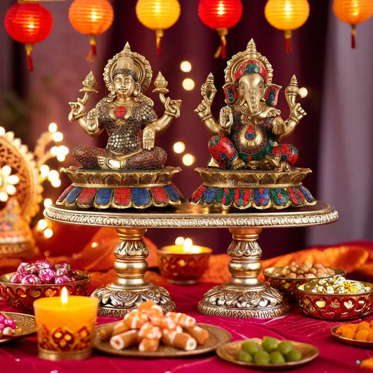 Brass Gem Stone Work Lakshmi Ganesh Height 11 Inches & weight 7 kgs