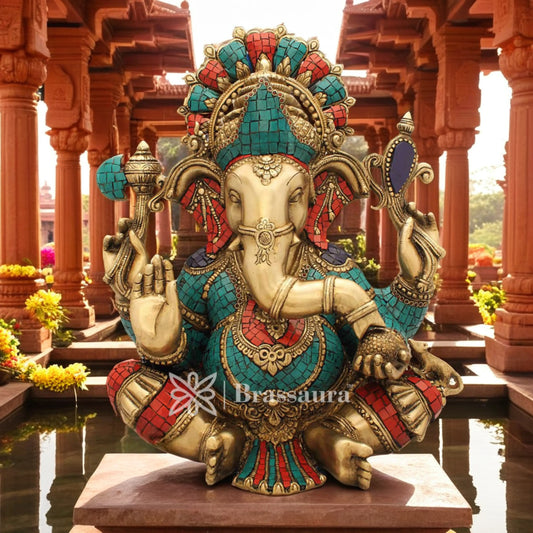 Brassaura™ Brass Chaturbhuj Sitting Ganesha Idol for Home and Decor | Weight 16.7 Kgs | Height 17.2 Inches