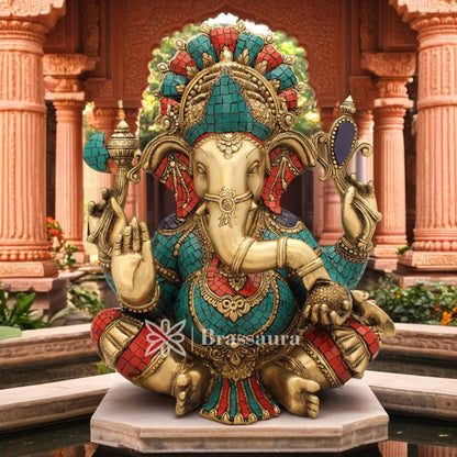 Brassaura™ Brass Chaturbhuj Sitting Ganesha Idol for Home and Decor | Weight 16.7 Kgs | Height 17.2 Inches