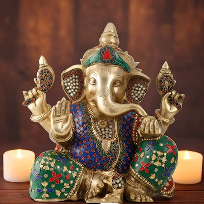 Brassaura™ Ganapati Aashirwad Idol | Handcrafted Brass with Stonework | Height 13 Inches & Weight 12.5 Kgs