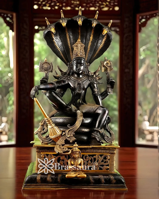 Brassaura™ Superfine Brass Lord Vishnu Idol Seated on Engraved Pedestal with Sheshanaag and Hanuman | 29 Inch Height | 35 KG Weight
