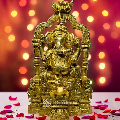 Brassaura™ Brass Ganesha Ring Idol – Height 14.2 inches & Weight 7.35 kgs | Ganpati Diya Murti for Pooja & Home Décor