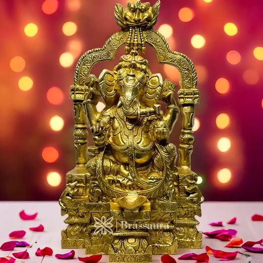 Brassaura™ Brass Ganesha Ring Idol – Height 14.2 inches & Weight 7.35 kgs | Ganpati Diya Murti for Pooja & Home Décor