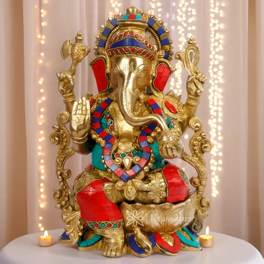 Brassaura™ Brass Gemstone Work Ganesha Murti – Height 12.99 inches | Weight 7 kgs