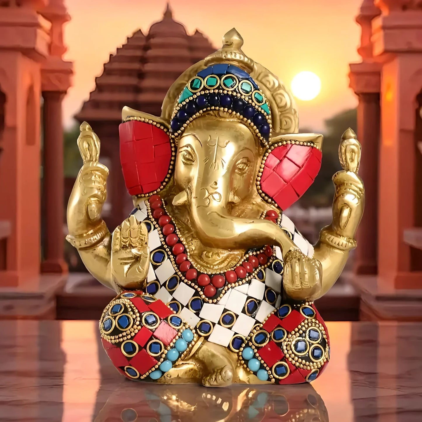 Brassaura™ Pure Brass Meenakari Ganesha Idol with Coloured Sandstone Check Work | Height 6 Inches & Weight 1.8 Kgs