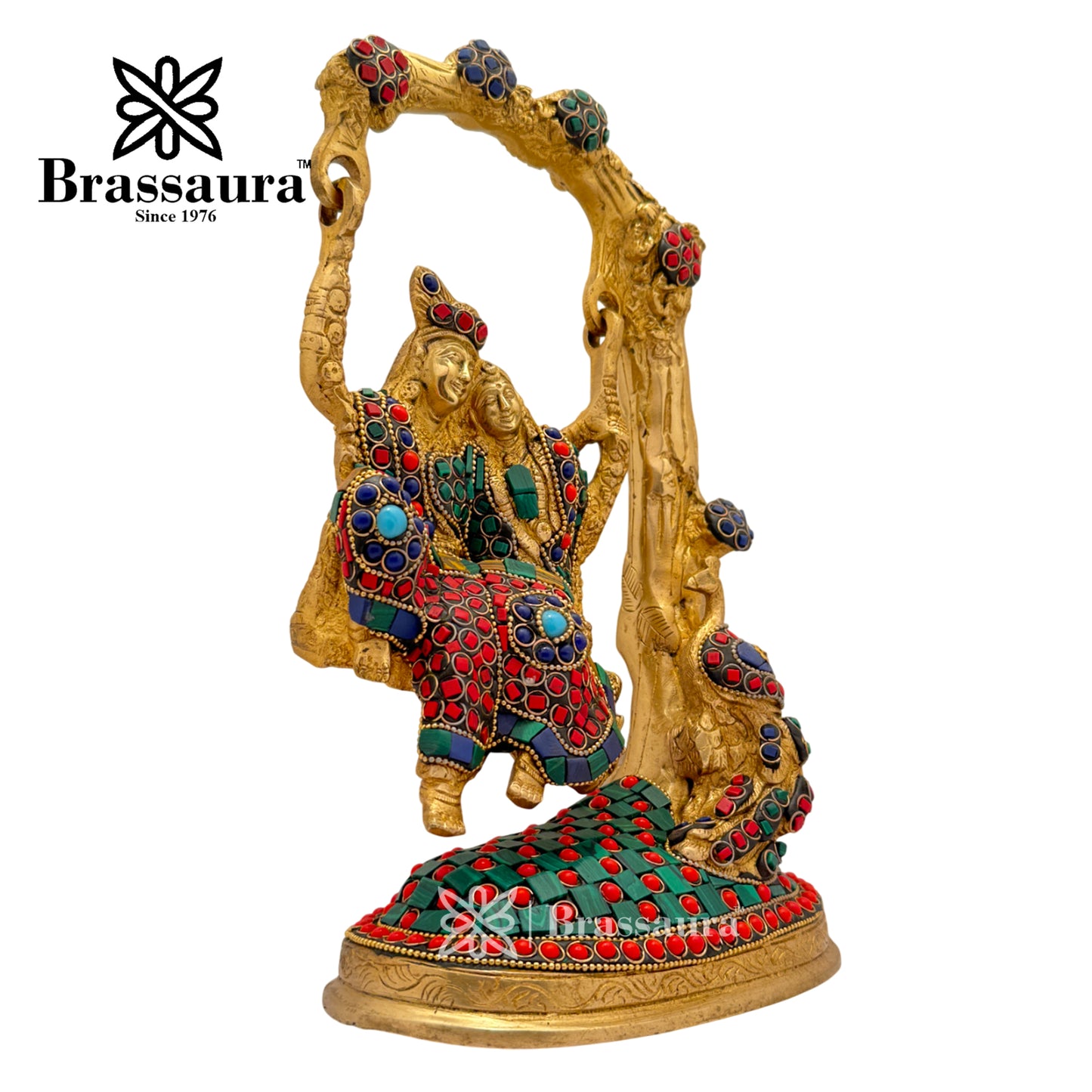 Brass Gem Stone Work Radha Krishna Tree Jhula Idol for Home and Decor Weight 3.5 Kg Height 28 cm