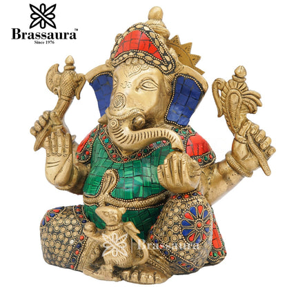 Brassaura™ Brass Gem Stone Work Ganesha Idol for Home and Decor | Weight 6 Kgs | Height 9 Inches