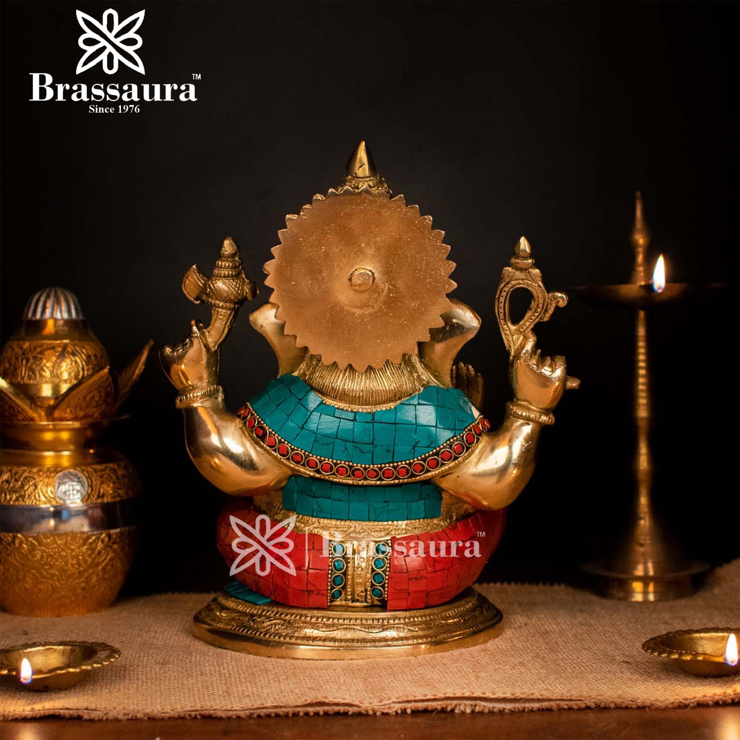 Brass Gem Stone Work Ganesha Statue For Home Decor And Gift Item Weight 6.8 Kg And Height 12 Inches