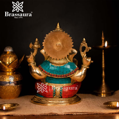 Brass Gem Stone Work Ganesha Statue For Home Decor And Gift Item Weight 6.8 Kg And Height 12 Inches