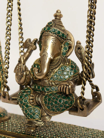 Brassaura® Jhula Ganesha with Ornate Pillars | Pure Brass with Meenakari Inlay Work | Height 16 Inches & Weight 6.94 kgs