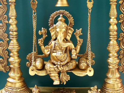 Brassaura™ Kirtimukha Lord Ganesha on Swing with Bells | Pure Brass Idol | Height 26 Inches & Weight 16.60 Kgs