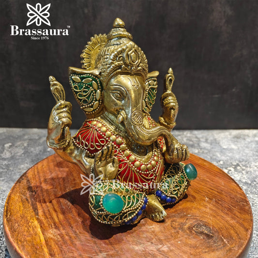 Brassaura™ Brass Gem Stone Work Ganesha Idol for Home and Decor | Weight 1.7 Kgs | Height 6 Inches