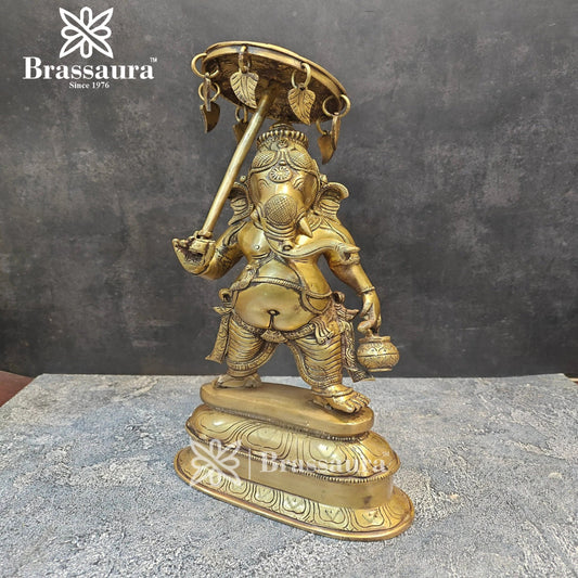 Brassaura™ Brass Umbrella Ganesha Statue for Home and Decor | Weight 5 Kgs | Height 15 Inches