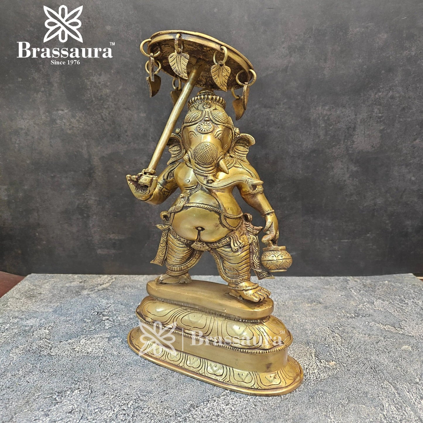 Brassaura™ Brass Umbrella Ganesha Statue for Home and Decor | Weight 5 Kgs | Height 15 Inches
