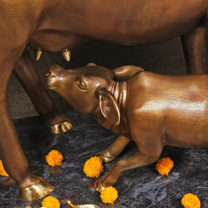Brassaura® Brass Cow and Calf Idol with Granite Base | Height 34 Inches