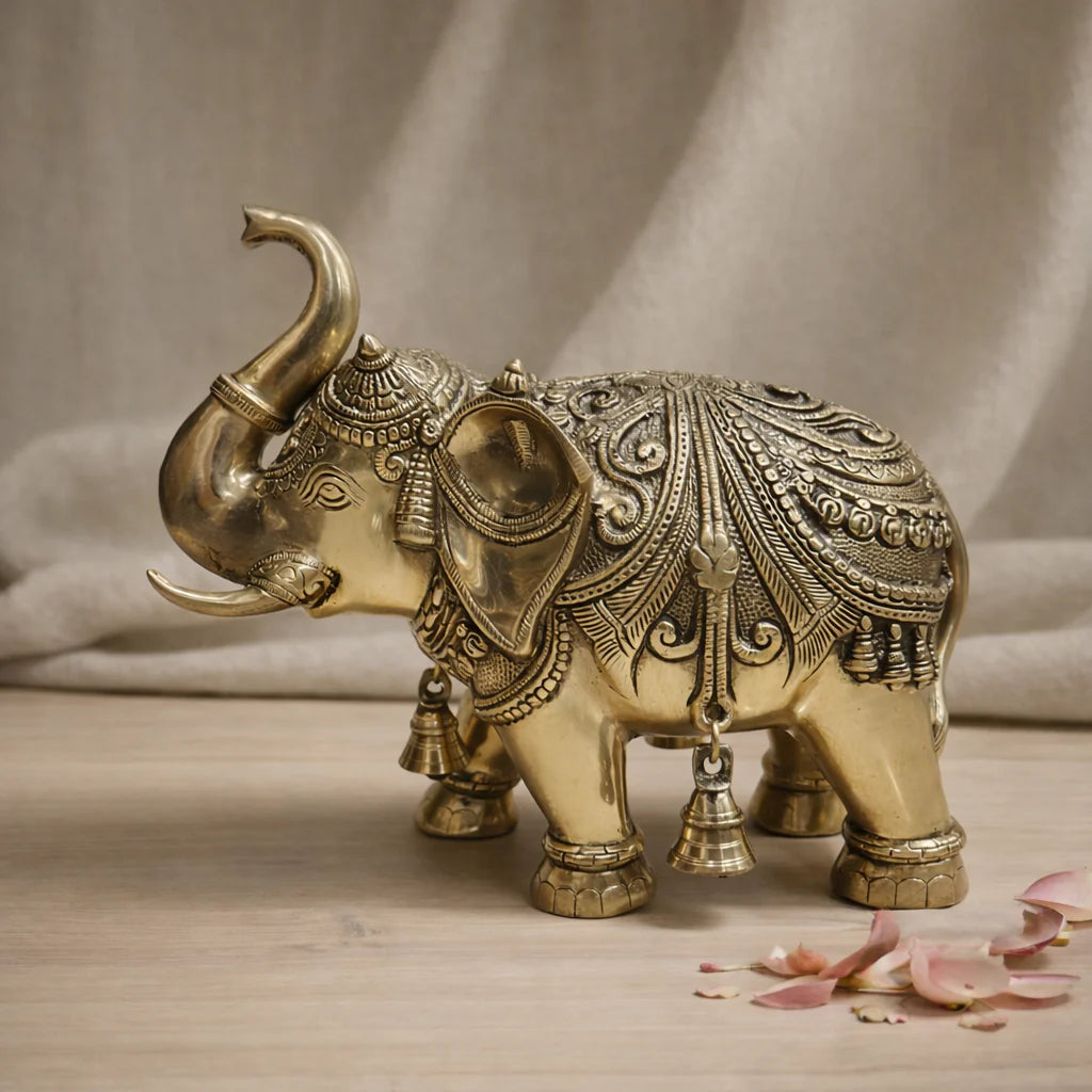 Brassaura® Royal Elephant Standing Statue with Polished Finish | Pure Superfine Brass Handcrafted Murti | Brass Statue for Home Temple, Pooja Room | Height 11.5 Inches | Weight 11.670 Kgs
