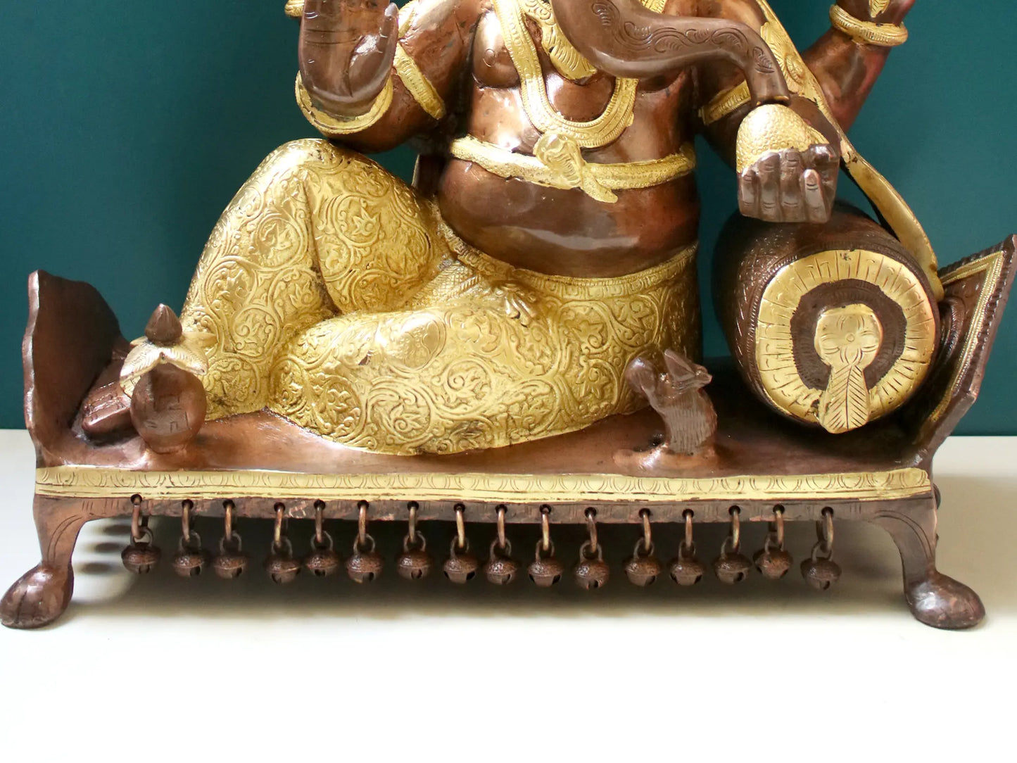 Brassaura™ Reclining Lord Ganesha on Chowki | Pure Brass Seated Idol | Height 16 Inches