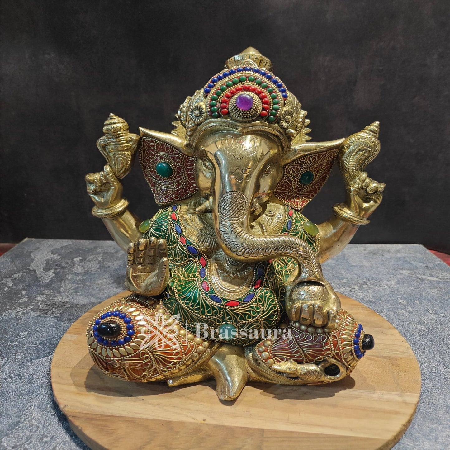 Brassaura™ Brass Gem Stone Work Ganesha Idol for Home and Decor | Weight 9 Kgs | Height 12 Inches
