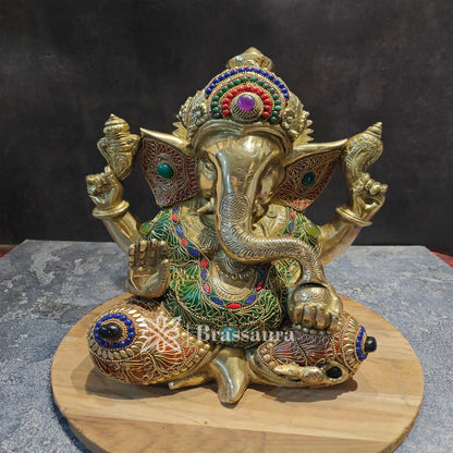 Brassaura™ Brass Gem Stone Work Ganesha Idol for Home and Decor | Weight 9 Kgs | Height 12 Inches