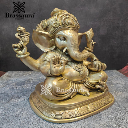 Brassaura™ Brass Ganesha Statue for Home and Decor | Weight 12 Kgs | Height 16 Inches