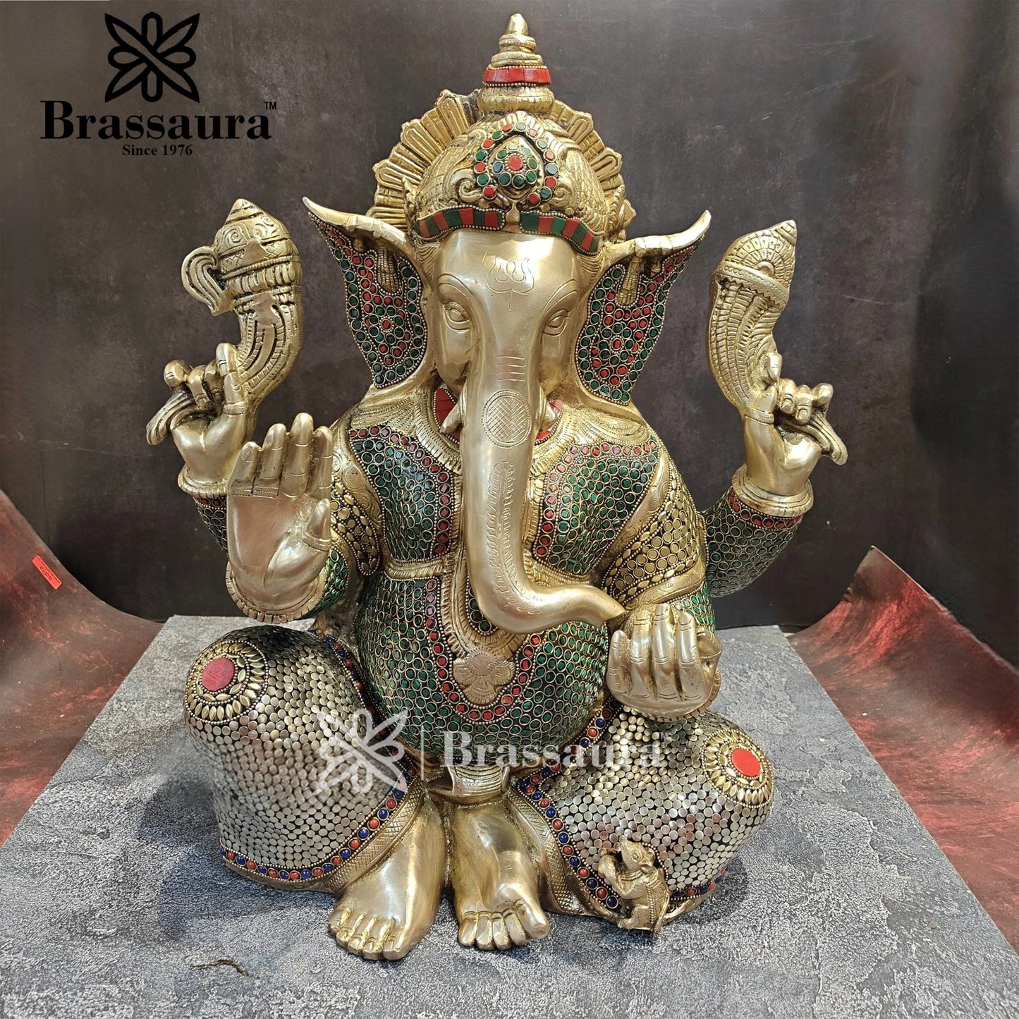 Brassaura™ Brass Gem Stone Work Ganesha Idol for Home and Decor | Weight 20 Kgs | Height 20 Inches