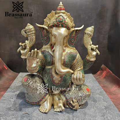 Brassaura™ Brass Gem Stone Work Ganesha Idol for Home and Decor | Weight 20 Kgs | Height 20 Inches