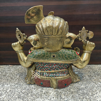Brassaura™ Brass Gem Stone Work Ganesha Statue for Home and Decor | Weight 27 Kgs | Height 20 Inches