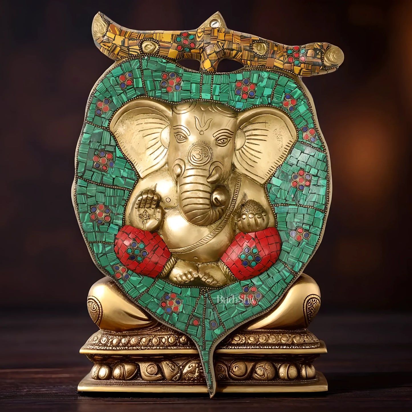 Brassaura™ Brass Ganesha on Leaf Wall Hanging – Height 13 Inches & Weight 3 Kgs