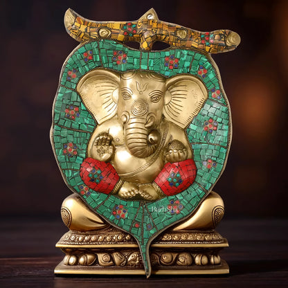 Brassaura™ Brass Ganesha on Leaf Wall Hanging – Height 13 Inches & Weight 3 Kgs