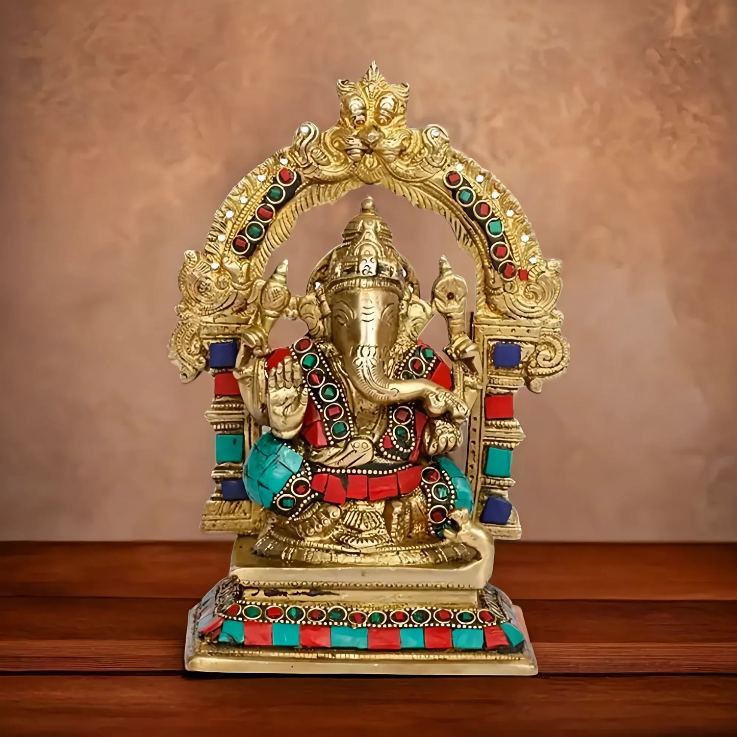 Brassaura™ Gemstone-Embellished Brass Sitting Ganesha Idol for Home & Temple Décor | Height 8.2 Inches & Weight 1.5 Kgs