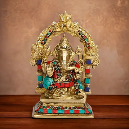 Brassaura™ Gemstone-Embellished Brass Sitting Ganesha Idol for Home & Temple Décor | Height 8.2 Inches & Weight 1.5 Kgs