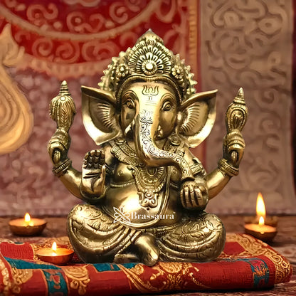 Brassaura™ Brass Ganesha Idol | Height 8.5 Inches & Weight 4 Kgs