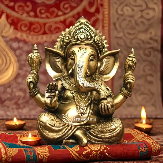 Brassaura™ Brass Ganesha Idol | Height 8.5 Inches & Weight 4 Kgs