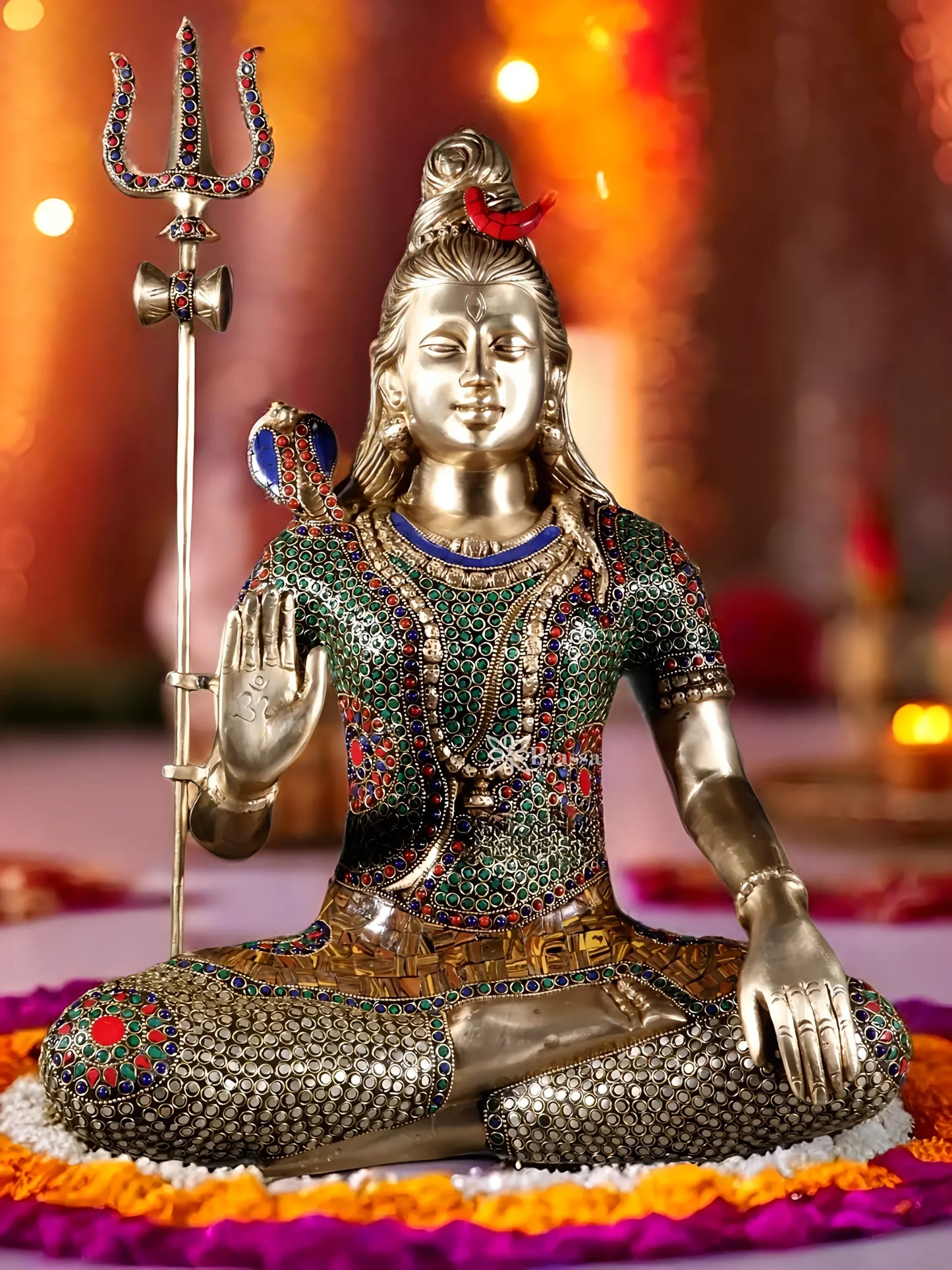 Brassaura™ Brass Gem Stone Work Shiva Idol – Height 20 Inches & Weight 12 Kgs | Temple & Home Accent