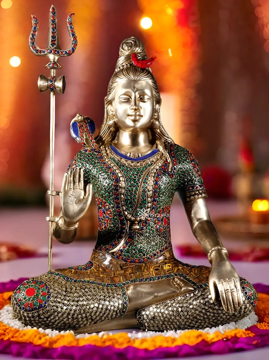 Brassaura™ Brass Gem Stone Work Shiva Idol – Height 20 Inches & Weight 12 Kgs | Temple & Home Accent