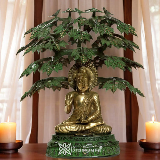 Brassaura™ Brass Buddha With Tree – Height 21 Inches & Weight 17 Kgs | Sacred Brass Artwork for Serenity & Harmony
