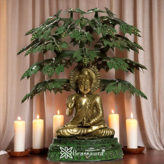 Brassaura® Buddha Sitting with Tree Idol with Gold Tone Finish | Pure Superfine Brass Handcrafted Murti | Brass Statue for Home Temple, Pooja Room | Height 21 Inches | Weight 17 Kgs