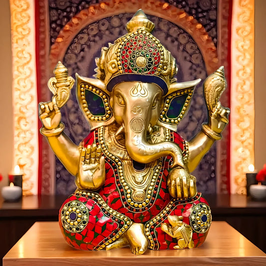 Brassaura™ Ganapati Brass Idol with Mosaic Leveled Stonework | Height 12 Inches & Weight 9 Kgs