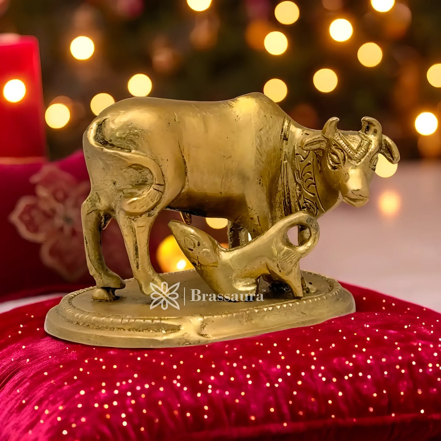 Brassaura™ Brass Kamdhenu Cow & Calf Idol – Height 2.4 Inches & Weight 0.35 Kgs | Home Temple & Spiritual Décor
